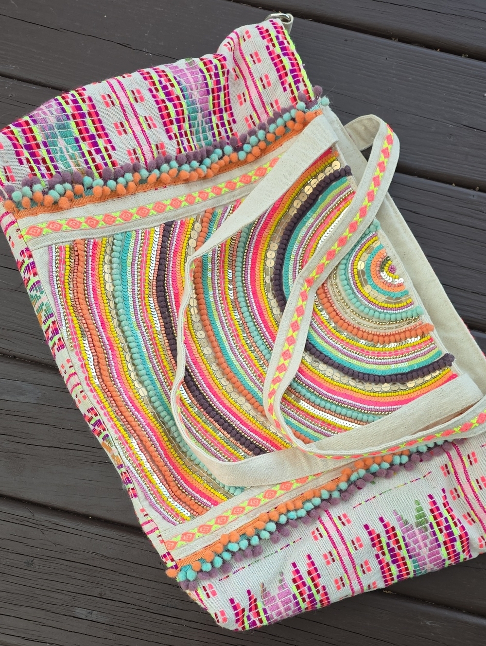 Bohemian Multicolor Embroidered Throw Bag with Pom Trim